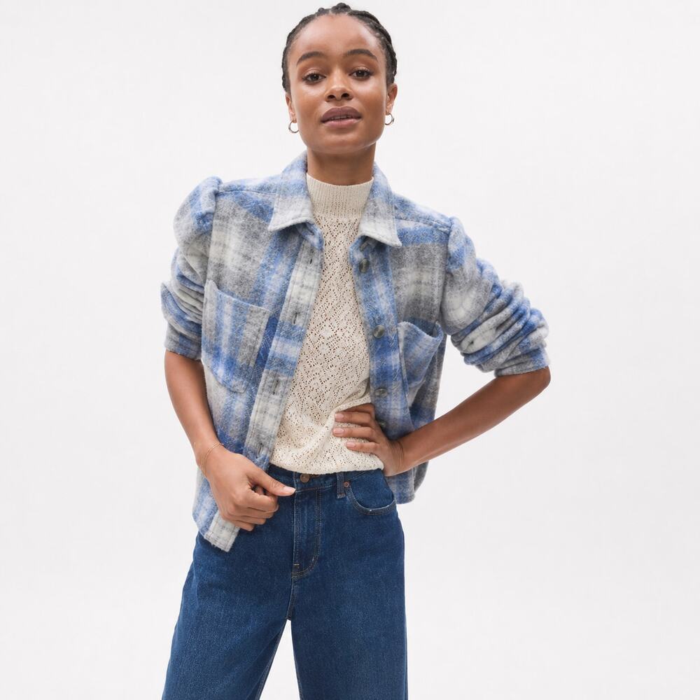 GAP Puff Sleeve Cropped Plaid Wool Blend Shirt Jacket Large NWOT Preppy Academia